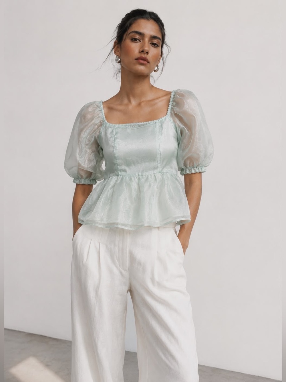 Japna Mint Green Puff Sleeve Smocked Peplum Top - Size M
